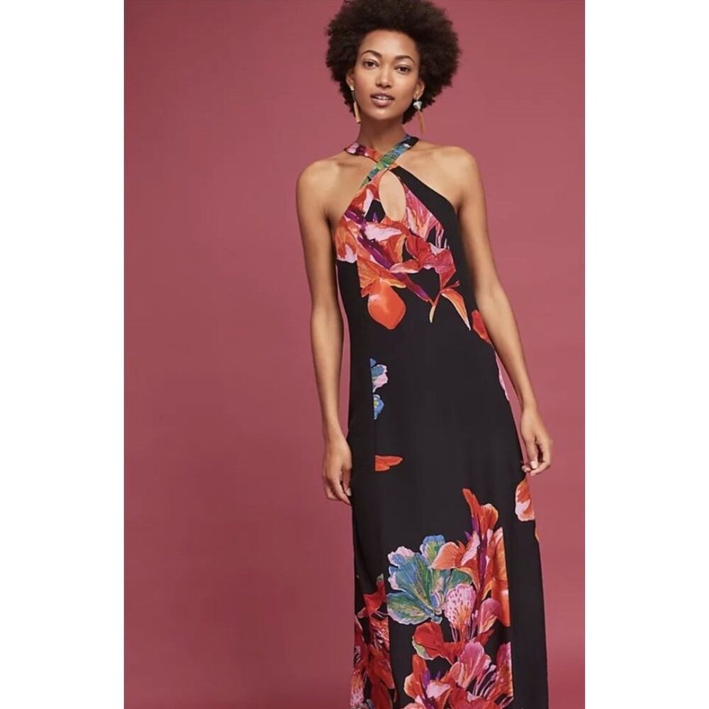 Anthropologie Maeve Women 100% Cayman SILK Dress medium Black Floral Maxi Resort